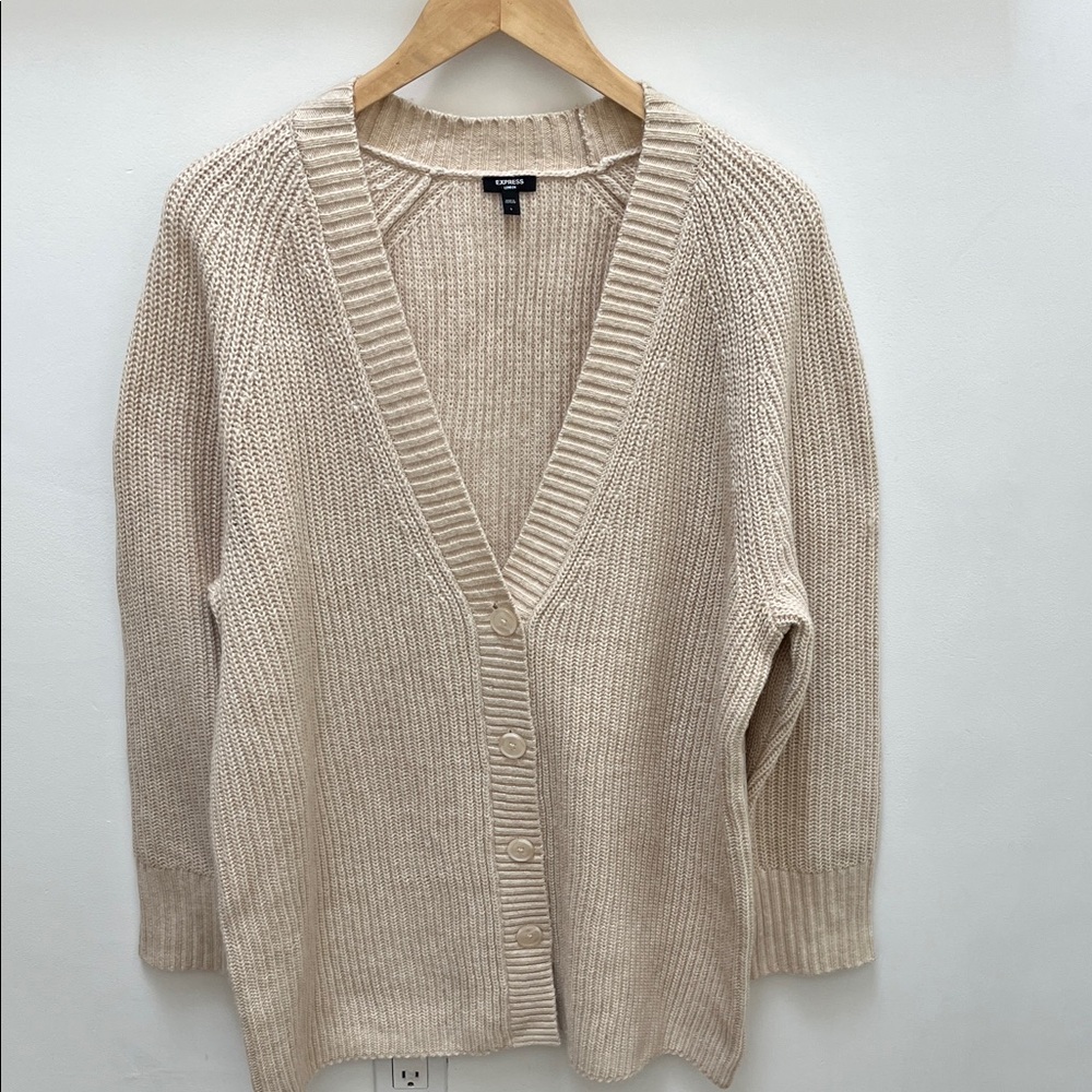 NWOT Express Beige Ribbed Button-Front Women's Cardigan Sweater - Picture 2 of 7